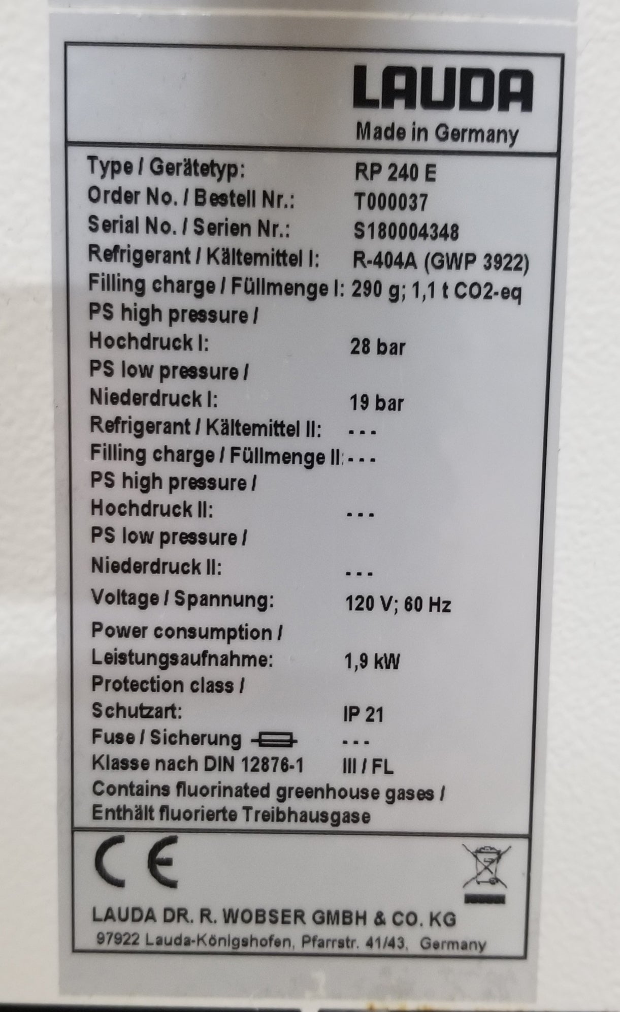 Used Lauda PRO RP 240E Compact Circulation Thermostat Recirculating Chiller