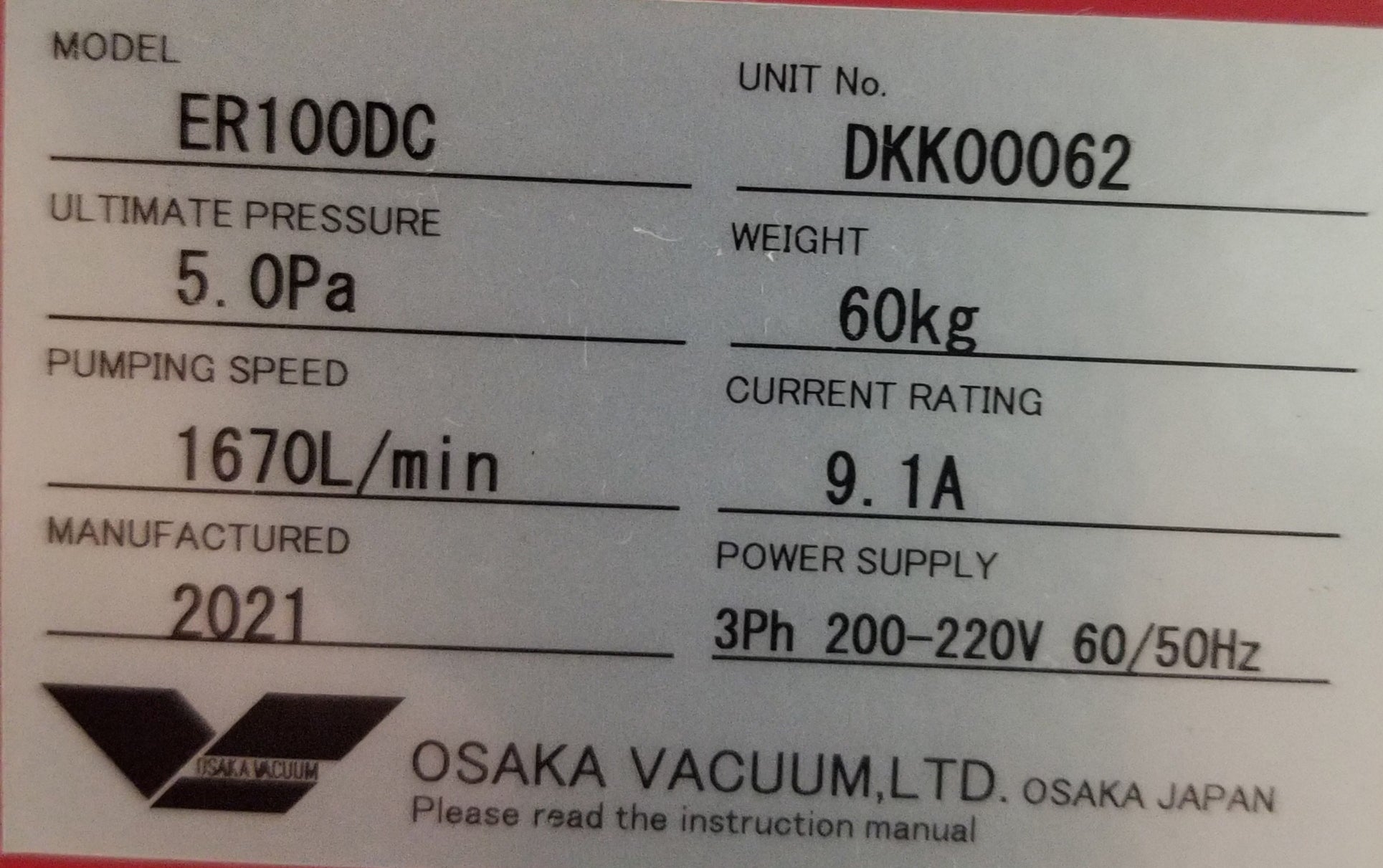 Used Osaka Vacuum ER100DC Dry Vacuum Pump