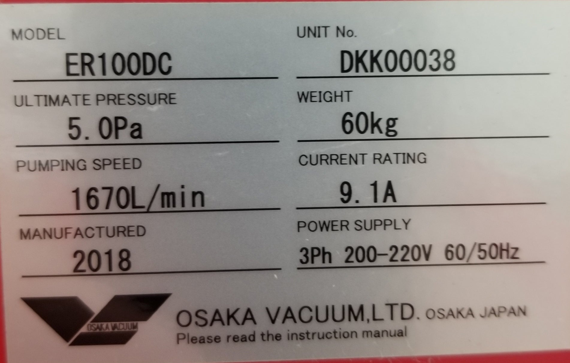 Used Osaka Vacuum ER100DC Dry Vacuum Pump