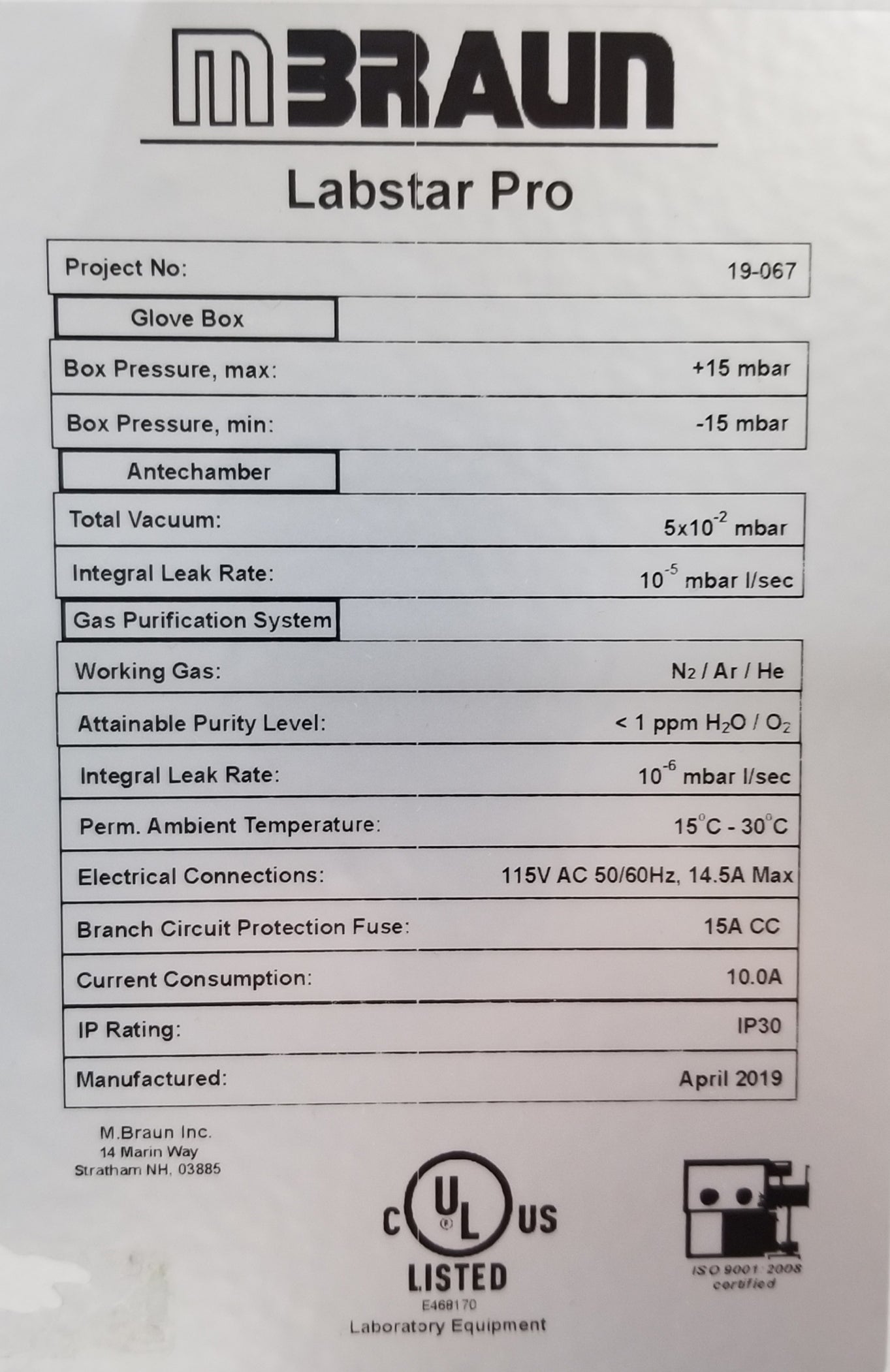Used M Braun Labstar Pro Anaerobic Glove Box with Oxygen Analyzer