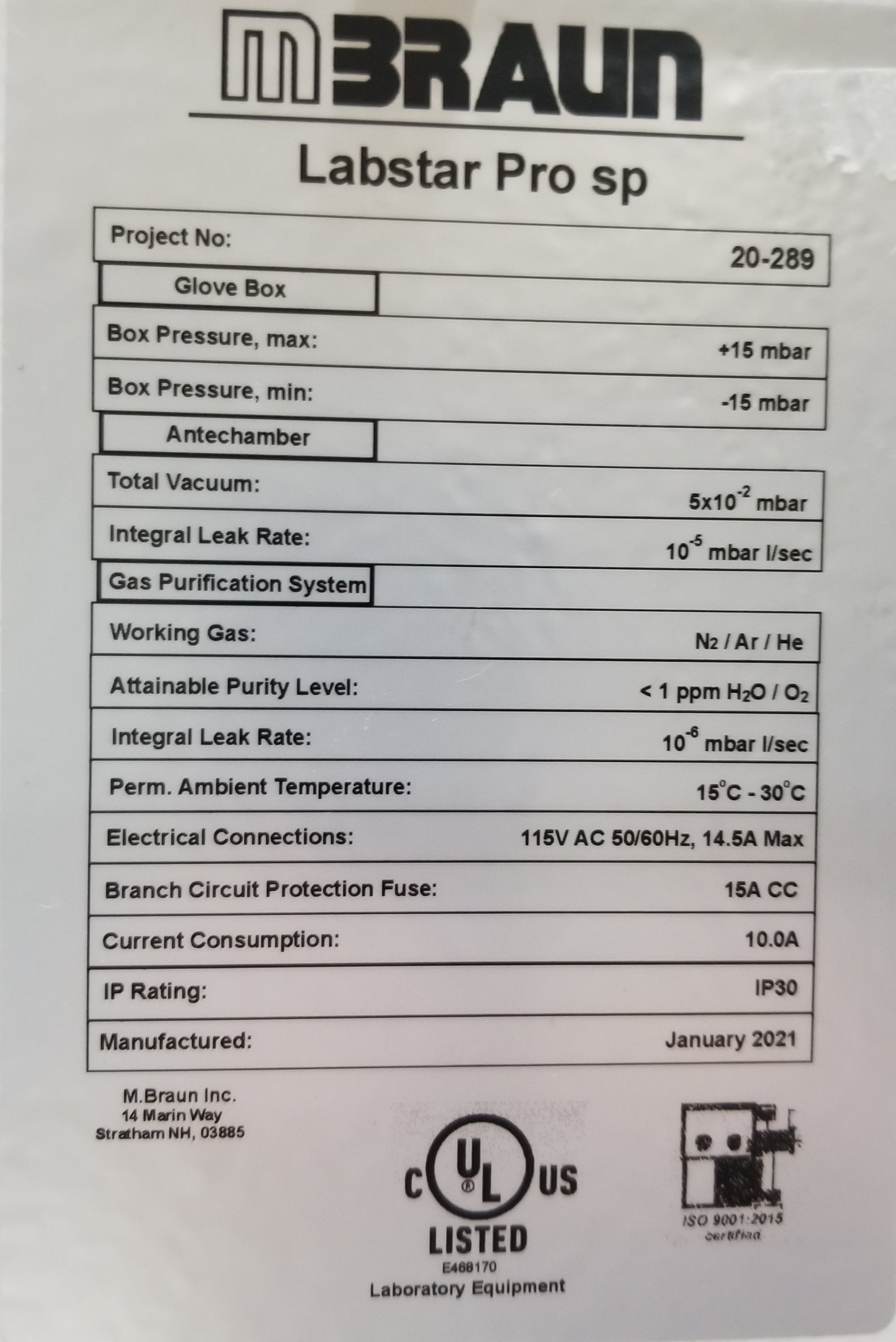 Used M Braun Labstar Pro Anaerobic Glove Box with Oxygen Analyzer
