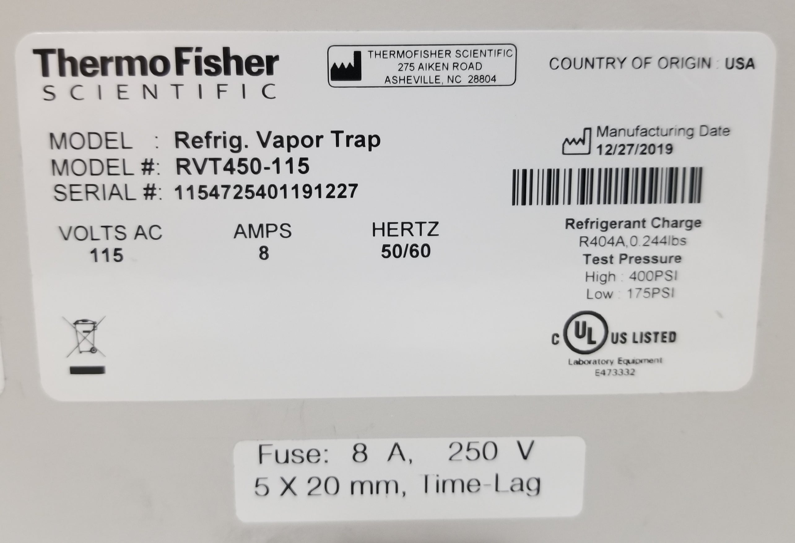 Used Thermo Fisher Savant™ SpeedVac™ Refrigerated Vapor Trap RVT450-115