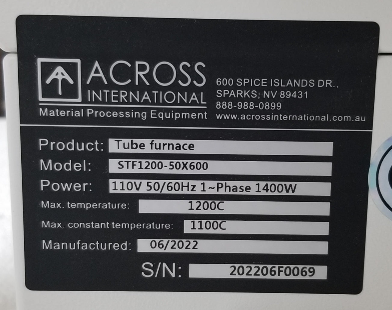 Across International STF1200-50X600 1200°C Tube Furnace