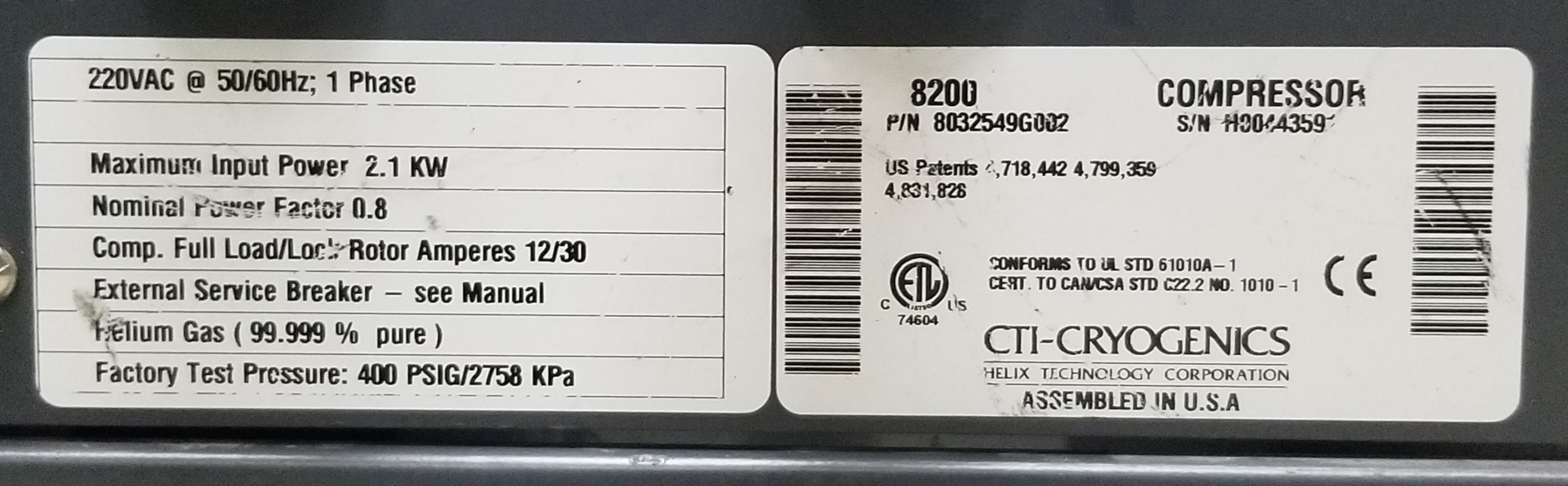 CTI 8200 Rebuilt Cryo Compressor Air Cooled Single Phase