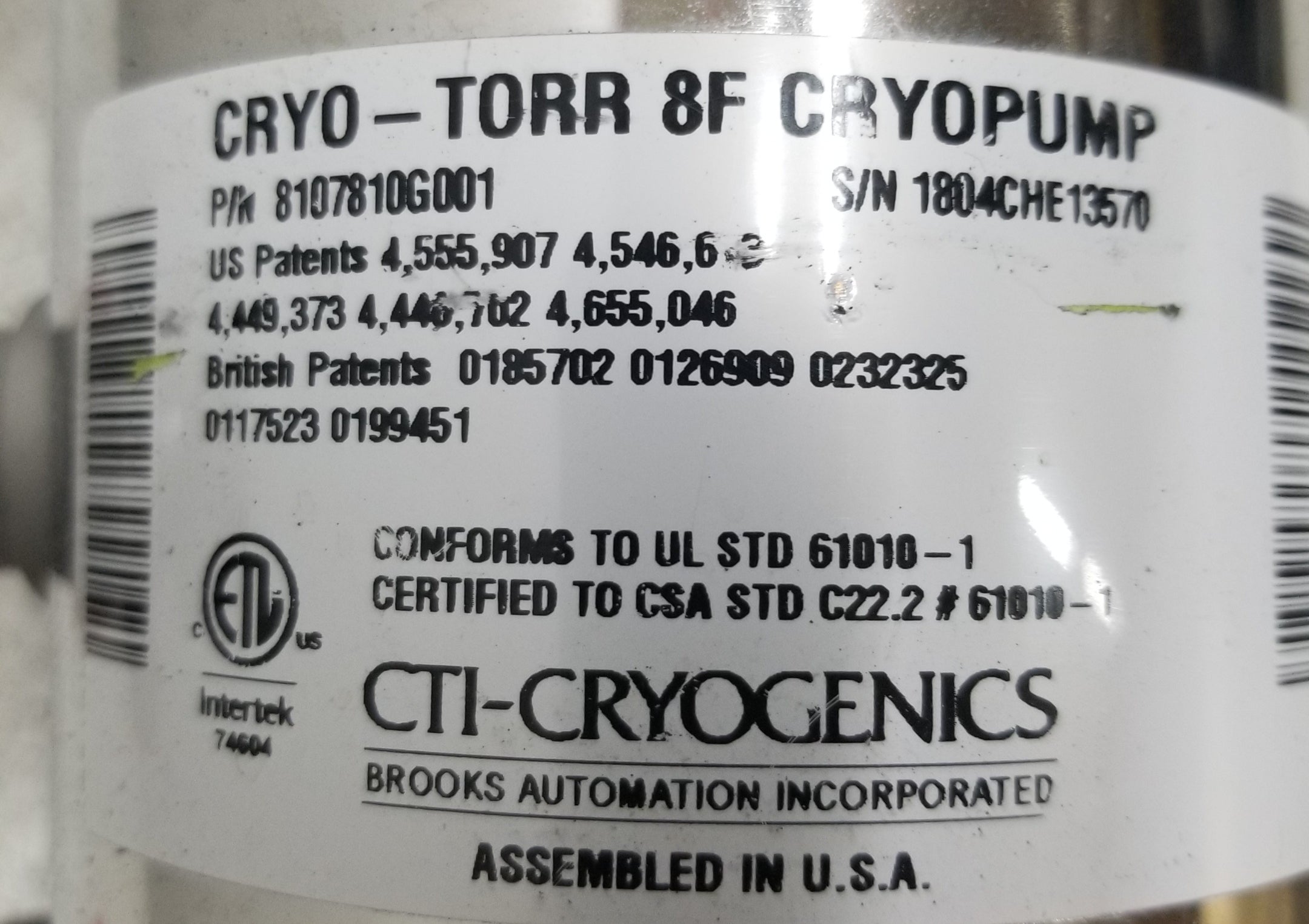CTI CRYO-TORR 8F Rebuilt Cryopump with ISO Flange