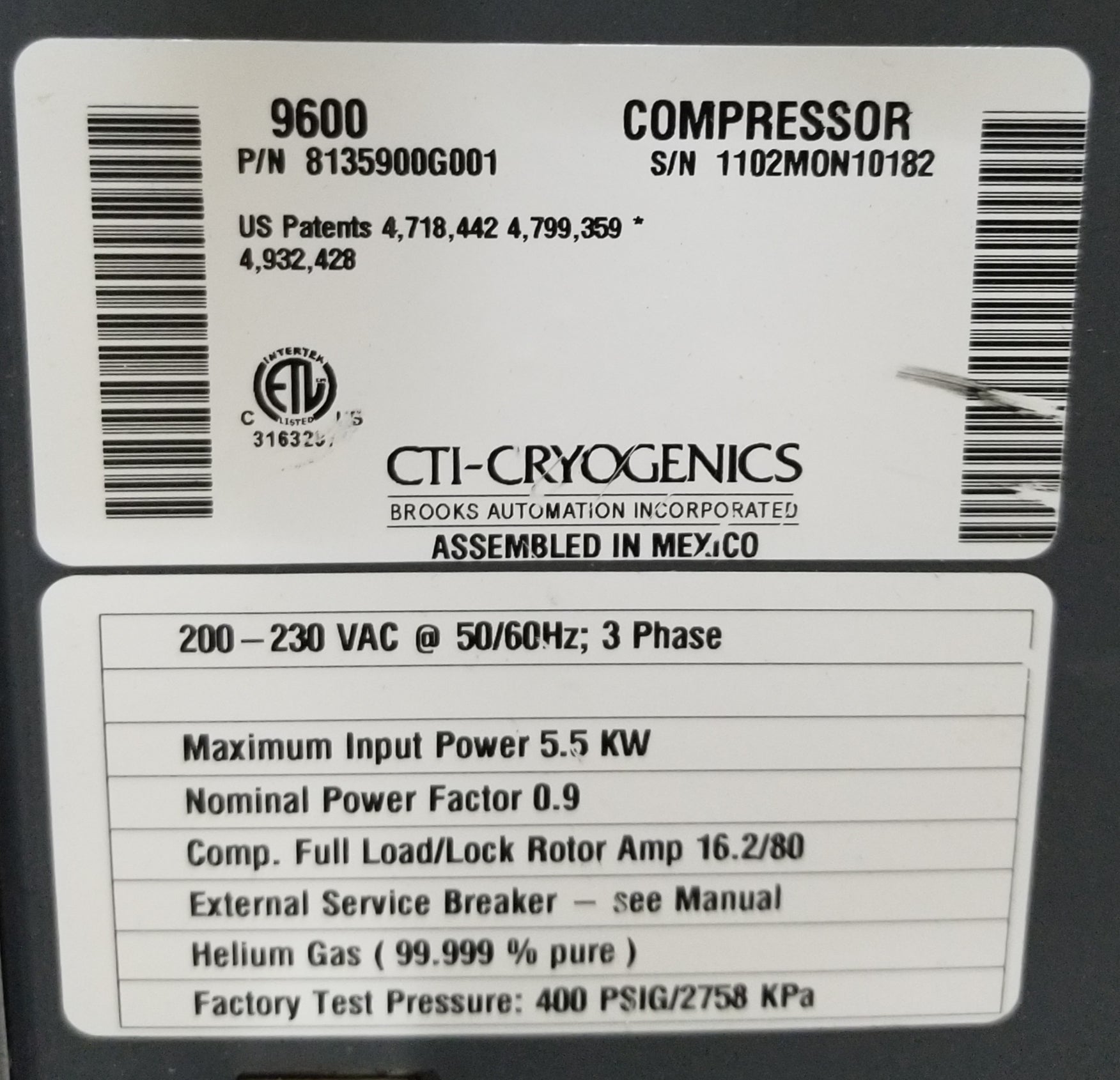 Used CTI-Cryogenics 9600 Cryo Compressor