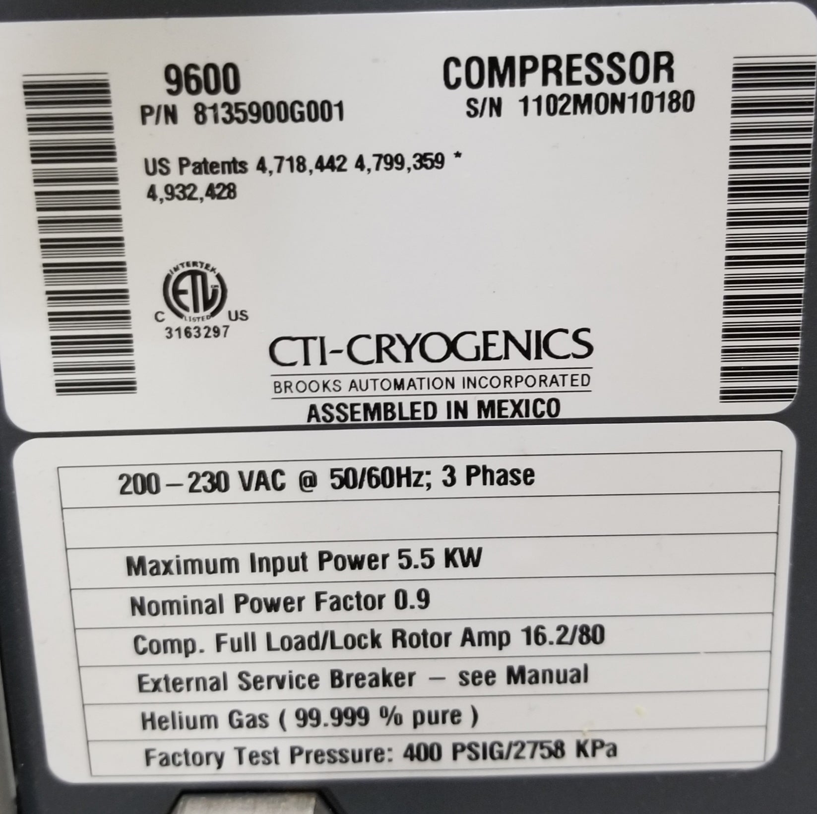Used CTI-Cryogenics 9600 Cryo Compressor