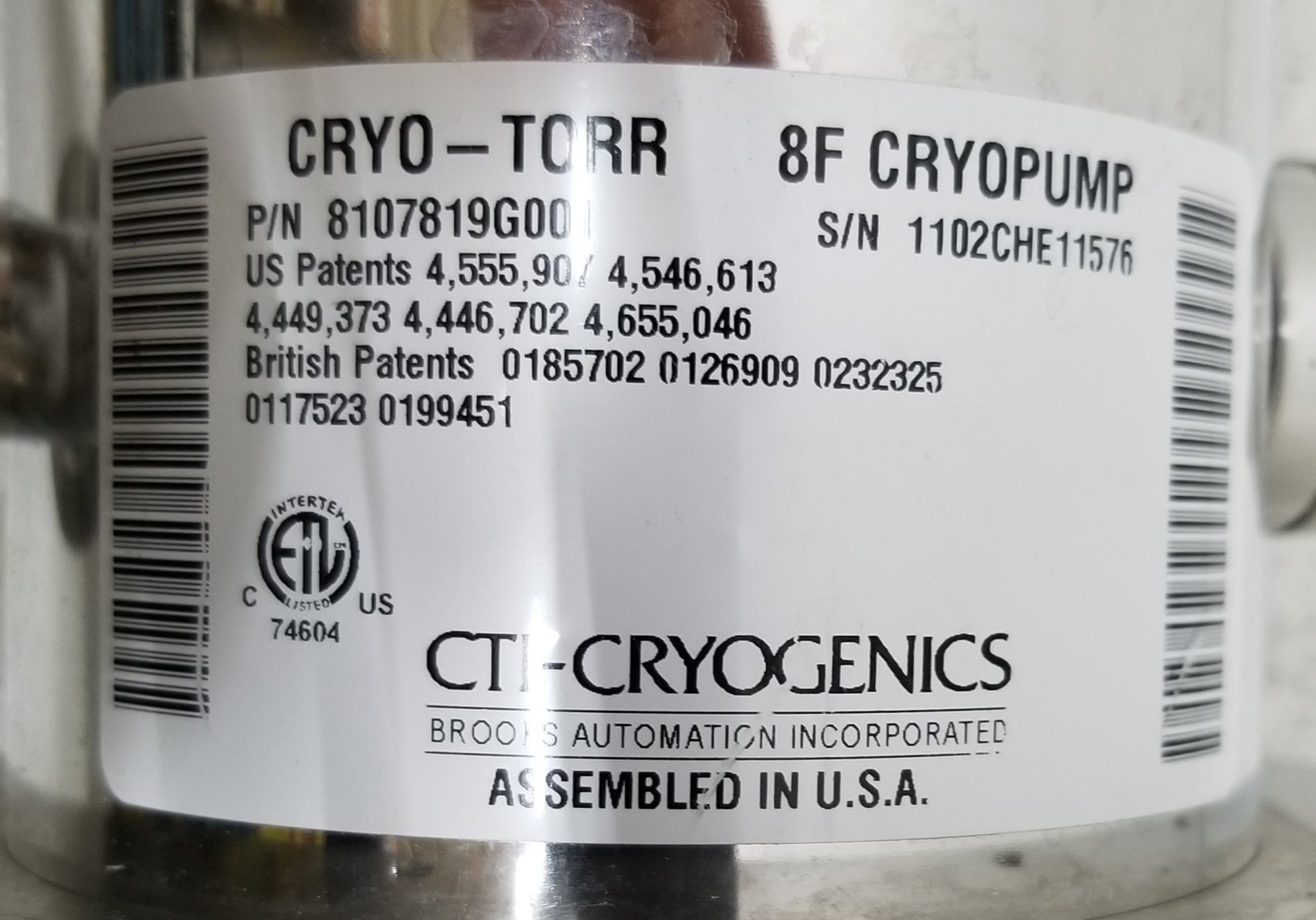 Used CTI CRYO-TORR 8F Cryopump with Conflat Flange