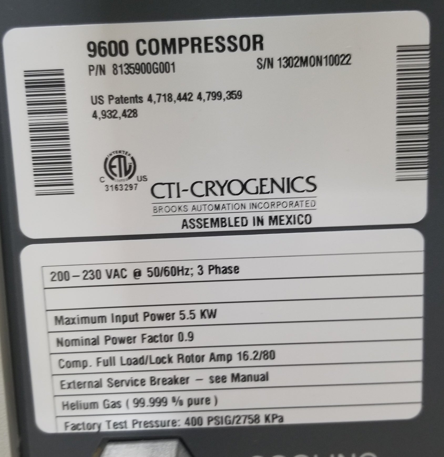 CTI 9600 Cryo Pump Compressor- NEW in Box