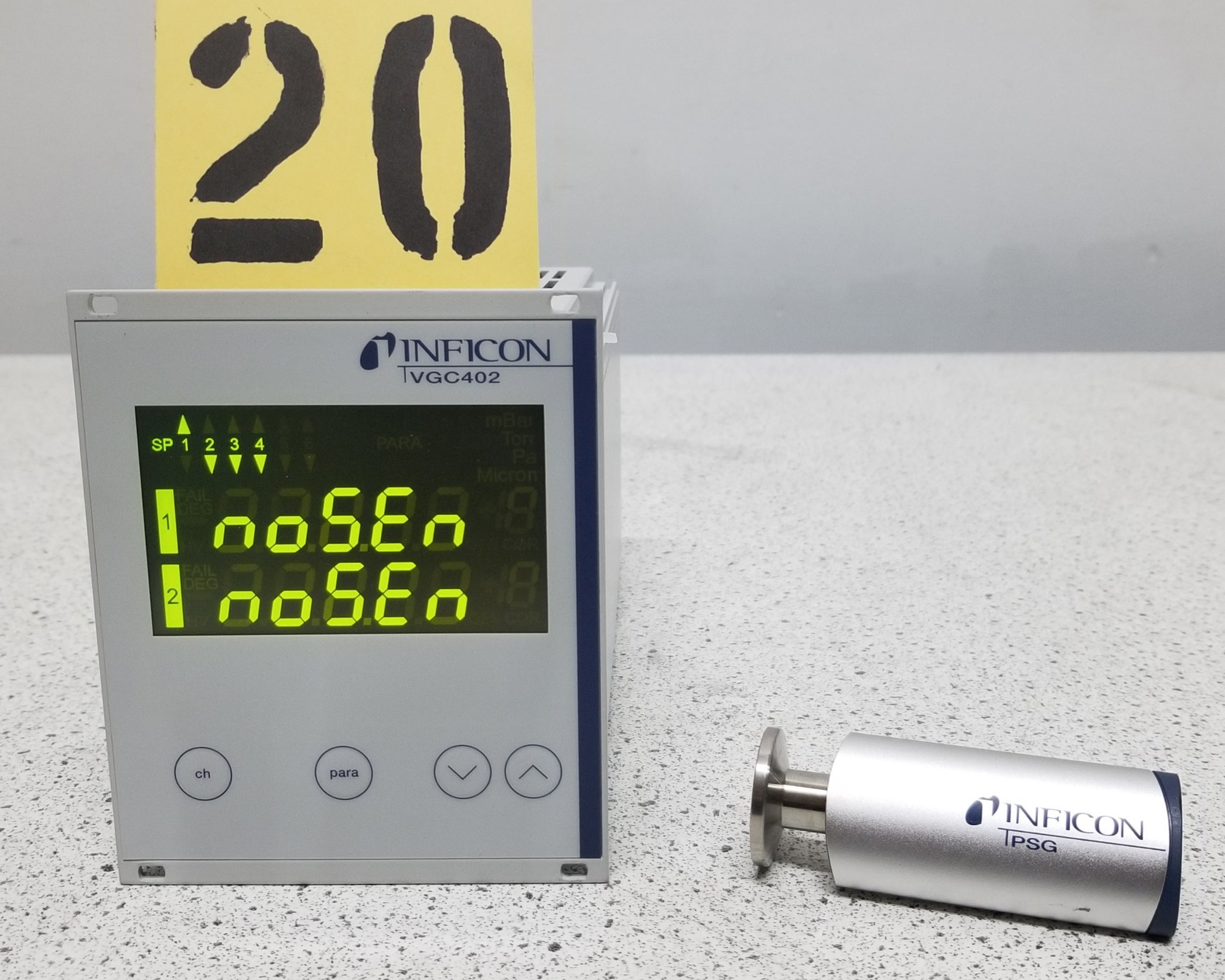 Used Inficon VGC402 Digital Vacuum Gauge controller with PSG500 Pirani Gauge.